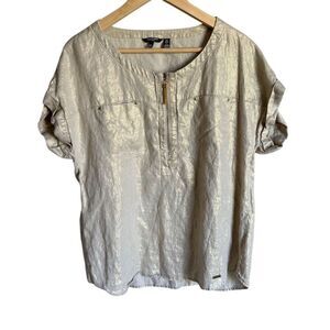 Ellen Tracy Women's L Linen Gold Foil Short Sleeve Blouse Casual Top